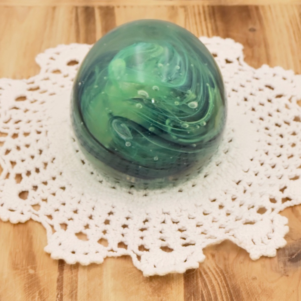 Round Art Glass Paperweight Green Teal Swirl Controlled Bubble Egg Orb 3" Decor - Picture 10 of 13